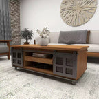 Table Basse Industrielle en Bois Marron Rustique avec 2 Étagères, Tiroir Caché et Porte Coulissante en Métal