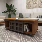 Table Basse Industrielle en Bois Marron Rustique avec 2 Étagères, Tiroir Caché et Porte Coulissante en Métal