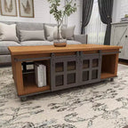 Table Basse Industrielle en Bois Marron Rustique avec 2 Étagères, Tiroir Caché et Porte Coulissante en Métal