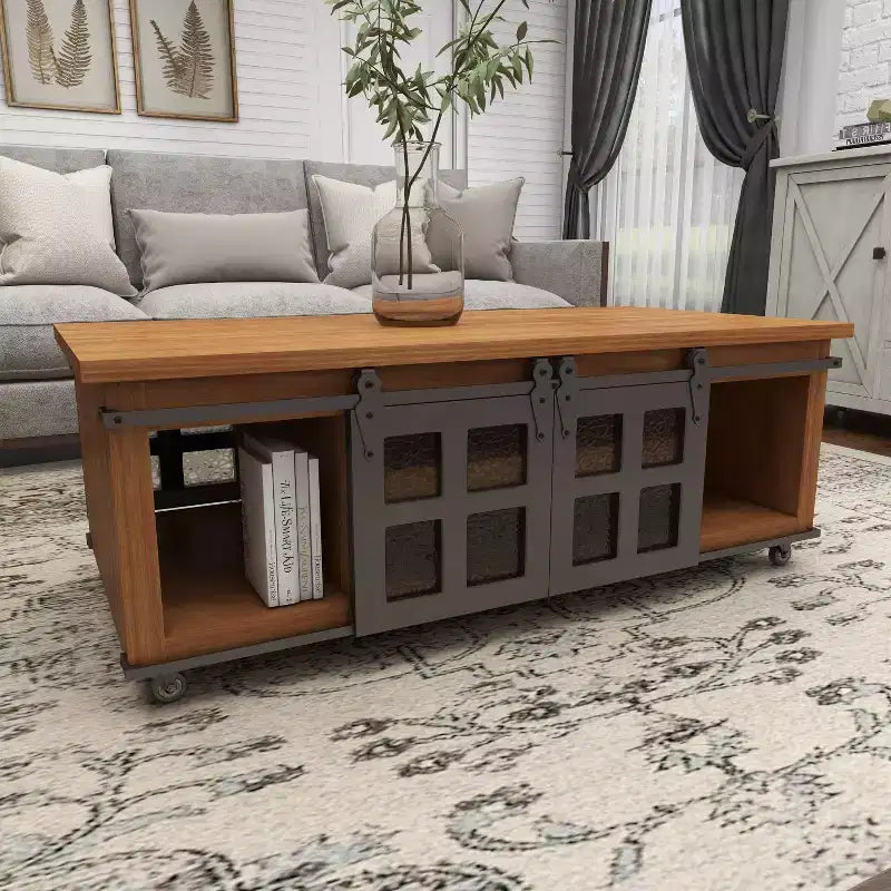 Table Basse Industrielle en Bois Marron Rustique avec 2 Étagères, Tiroir Caché et Porte Coulissante en Métal