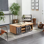 Table Basse Industrielle en Bois Marron Rustique avec 2 Étagères, Tiroir Caché et Porte Coulissante en Métal