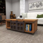 Table Basse Industrielle en Bois Marron Rustique avec 2 Étagères, Tiroir Caché et Porte Coulissante en Métal
