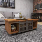 Table Basse Industrielle en Bois Marron Rustique avec 2 Étagères, Tiroir Caché et Porte Coulissante en Métal