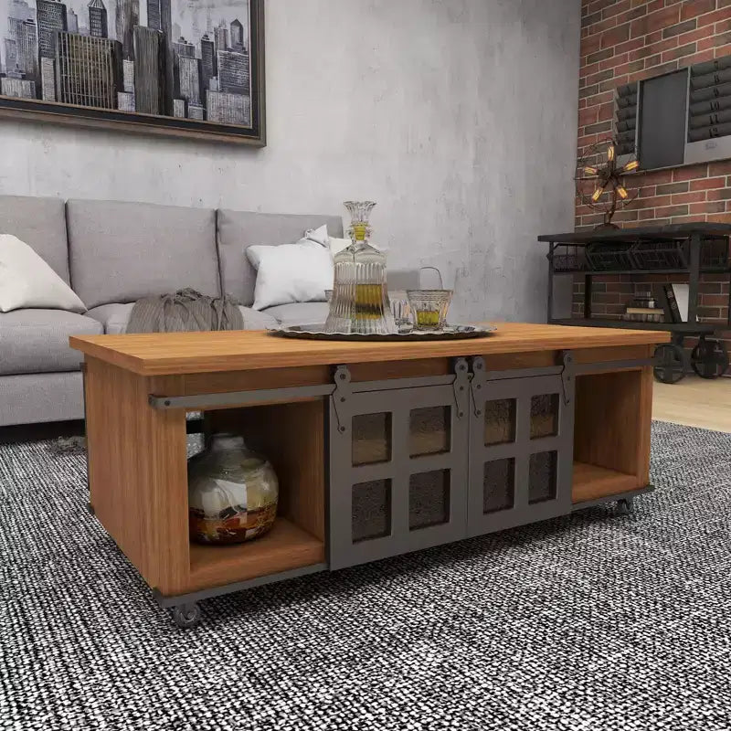Table Basse Industrielle en Bois Marron Rustique avec 2 Étagères, Tiroir Caché et Porte Coulissante en Métal