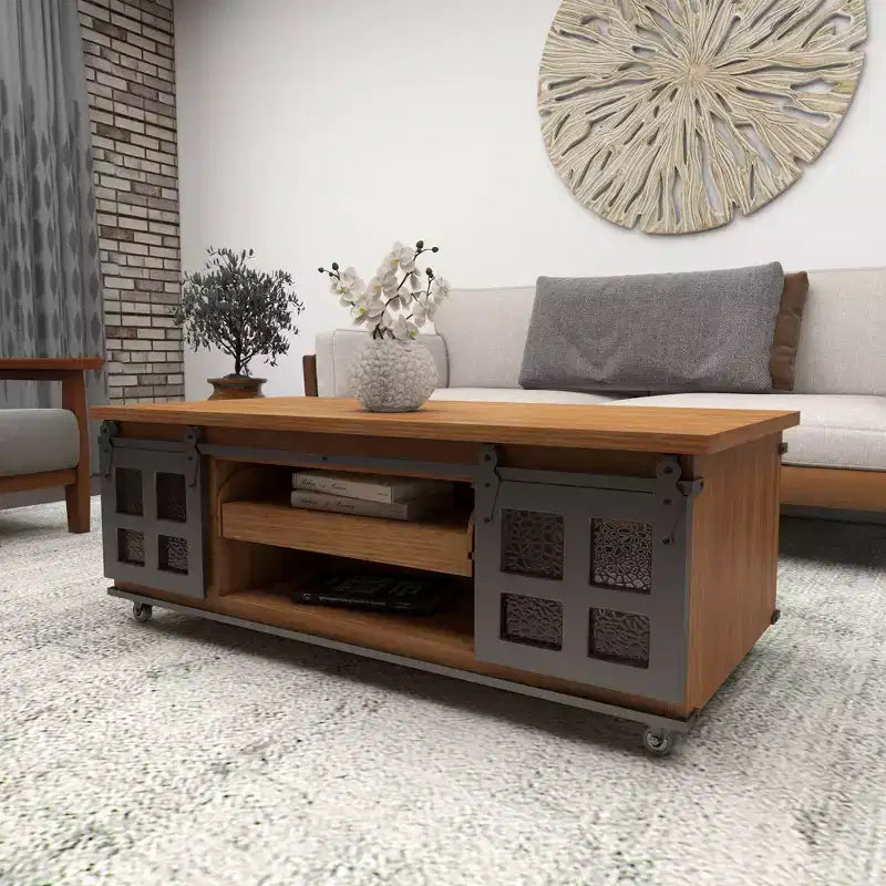 Table Basse Industrielle en Bois Marron Rustique avec 2 Étagères, Tiroir Caché et Porte Coulissante en Métal