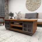 Table Basse Industrielle en Bois Marron Rustique avec 2 Étagères, Tiroir Caché et Porte Coulissante en Métal