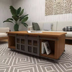 Table Basse Industrielle en Bois Marron Rustique avec 2 Étagères, Tiroir Caché et Porte Coulissante en Métal