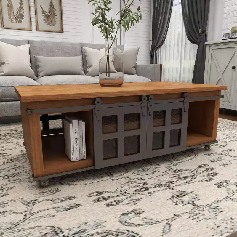 Table Basse Industrielle en Bois Marron Rustique avec 2 Étagères, Tiroir Caché et Porte Coulissante en Métal