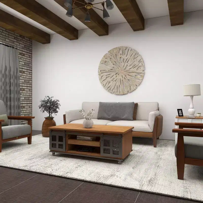 Table Basse Industrielle en Bois Marron Rustique avec 2 Étagères, Tiroir Caché et Porte Coulissante en Métal