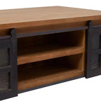 Table Basse Industrielle en Bois Marron Rustique avec 2 Étagères, Tiroir Caché et Porte Coulissante en Métal