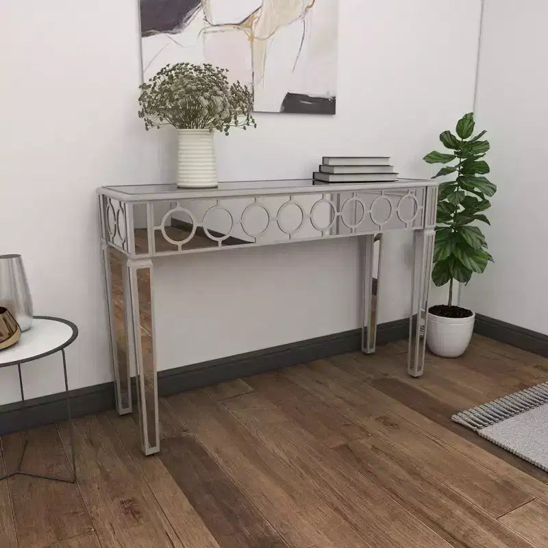 Glam Miroir et Console Table Motif Bois Argent May : Meuble d'Entrée Élégant, Design Étroit