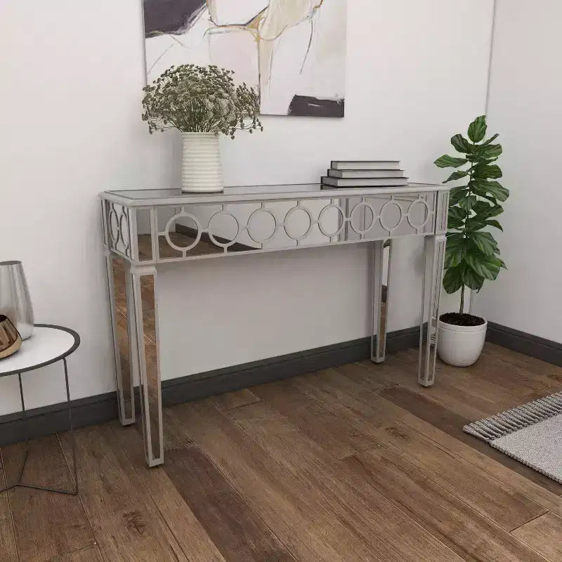 Glam Miroir et Console Table Motif Bois Argent May : Meuble d'Entrée Élégant, Design Étroit