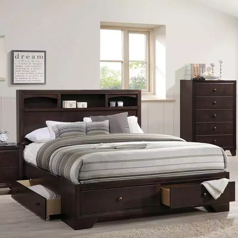 88" Queen Bed Espresso - Storage Headboard, No Box Spring Needed