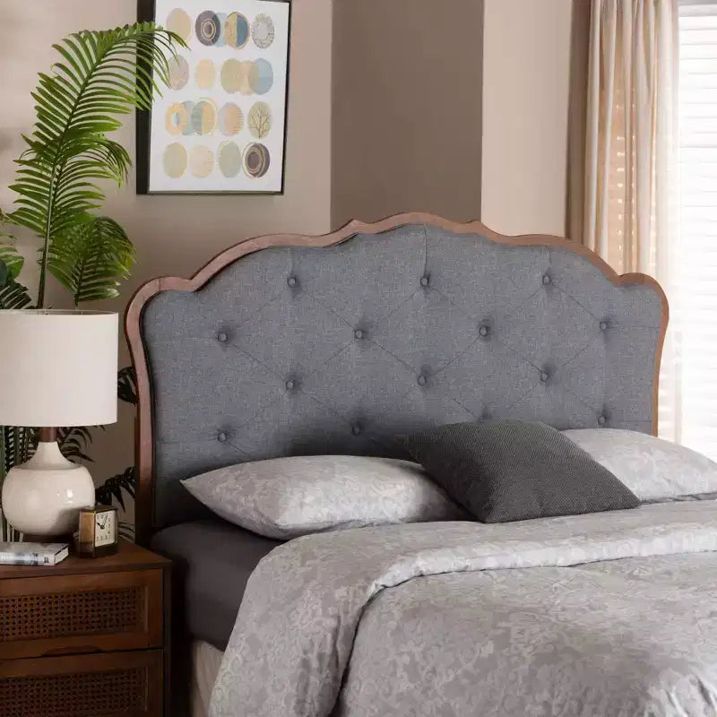 Queen Fabric and Wood Headboard Gray/Walnut Brown