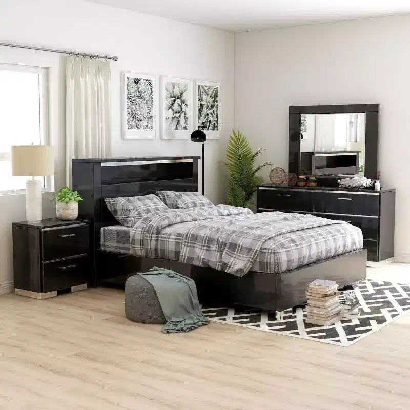 Ensemble de chambre 5 pièces Shorehaven avec 2 tables de chevet Noir/Chrome - miBasics