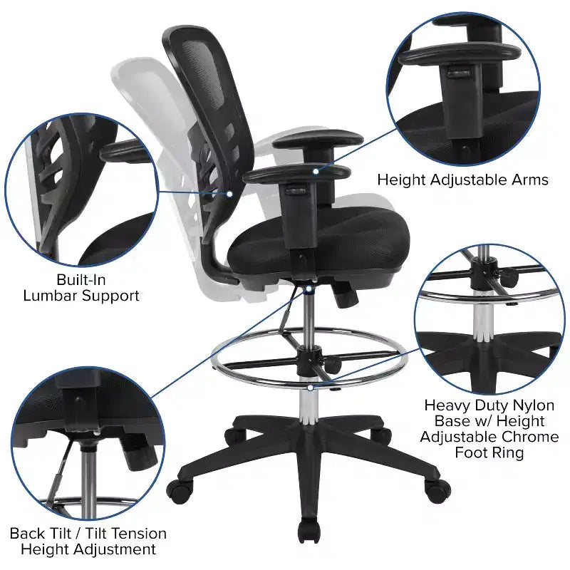 Chaise de bureau ergonomique mi-dossier en maille réglable pour dessinateur, chaise de travail