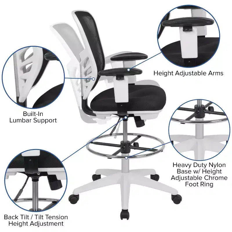 Chaise de bureau ergonomique mi-dossier en maille réglable pour dessinateur, chaise de travail