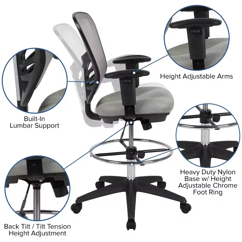 Chaise de bureau ergonomique mi-dossier en maille réglable pour dessinateur, chaise de travail