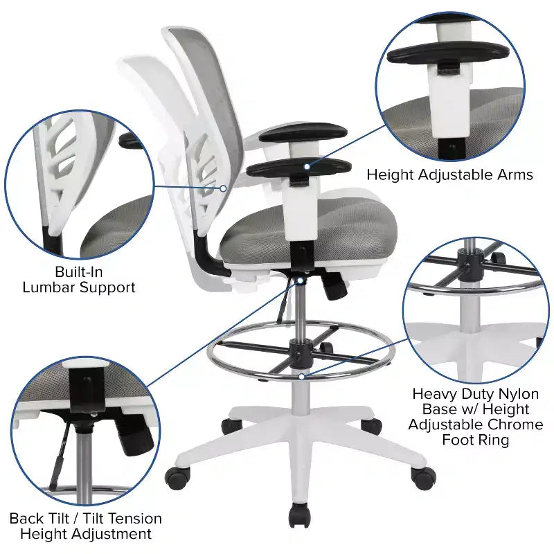 Chaise de bureau ergonomique mi-dossier en maille réglable pour dessinateur, chaise de travail