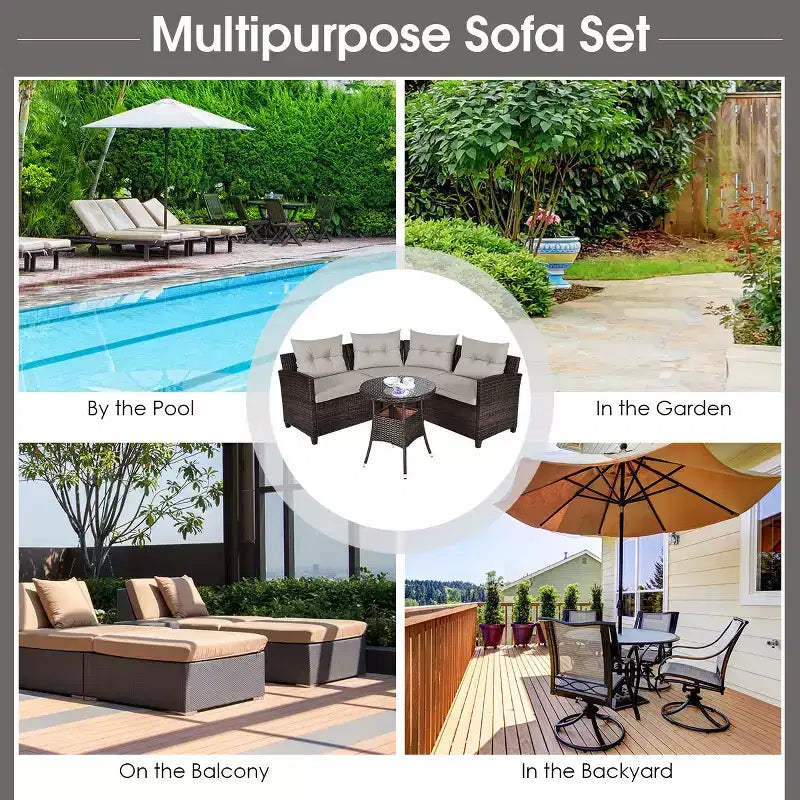Costway Salon de Jardin 4 Pièces en Rotin avec Coussins et Table
