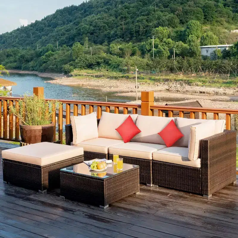 Costway 5PCS Patio Rattan Furniture Set Sectional Conversation W/Beige Cushion