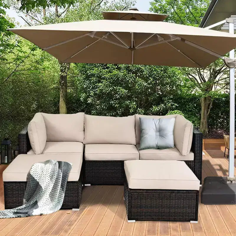 Costway Ensemble de Meubles de Patio en Rotin 5 Pièces avec Table Ottomane Beige