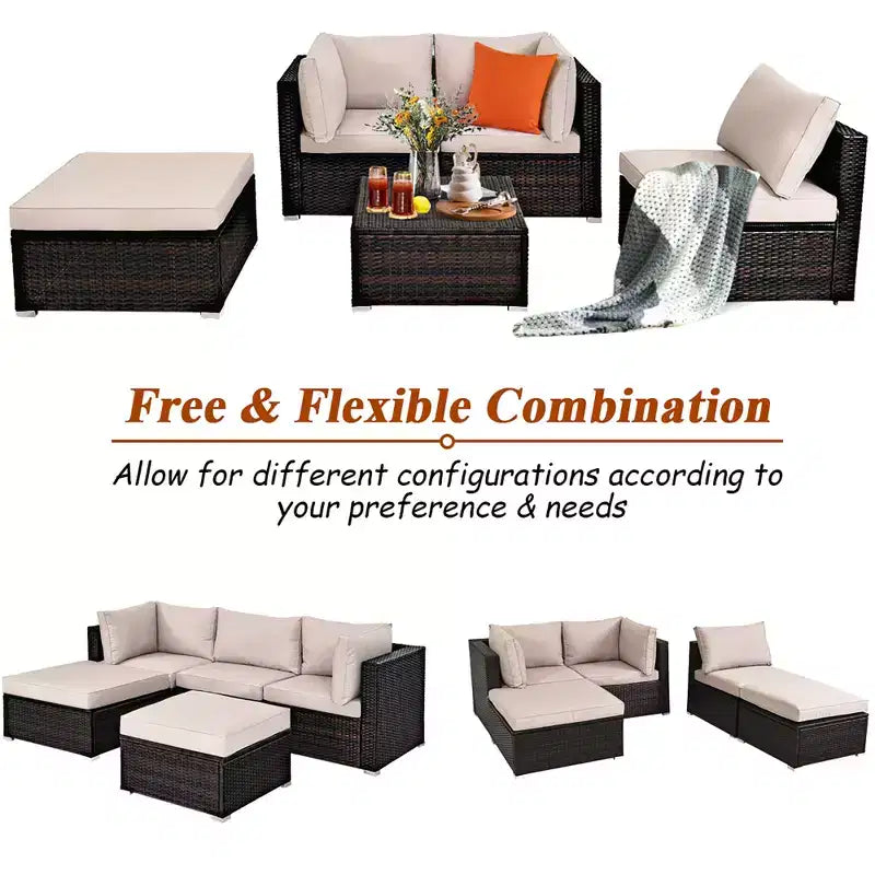 Costway Ensemble de Meubles de Patio en Rotin 5 Pièces avec Table Ottomane Beige