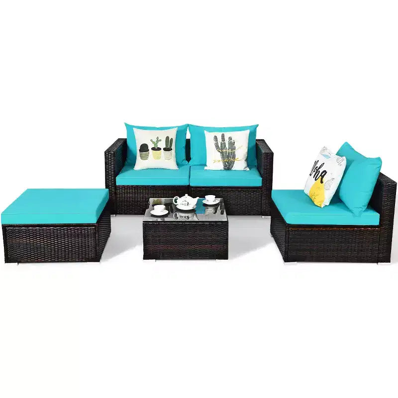 Ensemble de 5 meubles de patio en rotin, canapé sectionnel de conversation avec table basse rouge/bleu marine