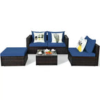 Ensemble de 5 meubles de patio en rotin, canapé sectionnel de conversation avec table basse rouge/bleu marine