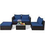 Ensemble de 5 meubles de patio en rotin, canapé sectionnel de conversation avec table basse rouge/bleu marine