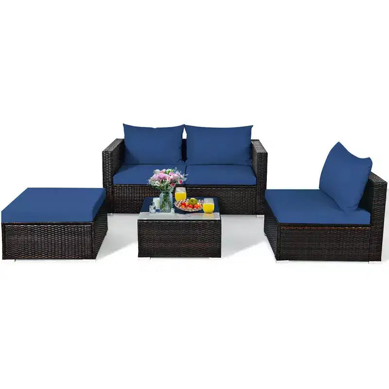 Ensemble de 5 meubles de patio en rotin, canapé sectionnel de conversation avec table basse rouge/bleu marine