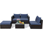 Ensemble de 5 meubles de patio en rotin, canapé sectionnel de conversation avec table basse rouge/bleu marine