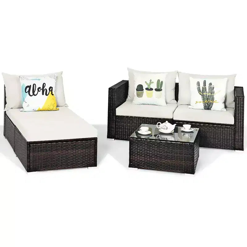 Ensemble de 5 meubles de patio en rotin, canapé sectionnel de conversation avec table basse rouge/bleu marine