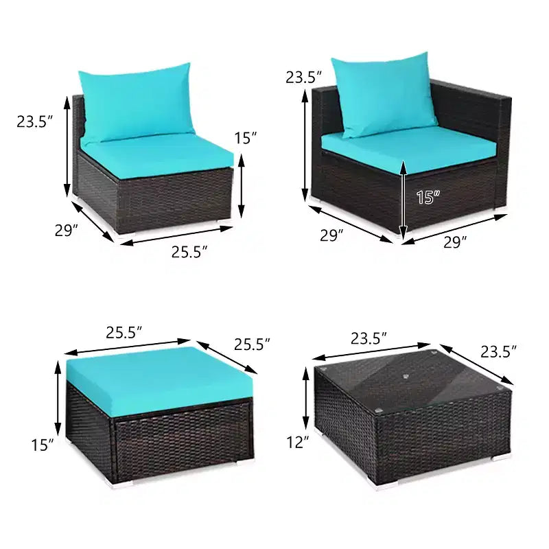 Ensemble de 5 meubles de patio en rotin, canapé sectionnel de conversation avec table basse rouge/bleu marine