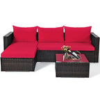 Ensemble de 5 meubles de patio en rotin, canapé sectionnel de conversation avec table basse rouge/bleu marine