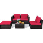 Ensemble de 5 meubles de patio en rotin, canapé sectionnel de conversation avec table basse rouge/bleu marine