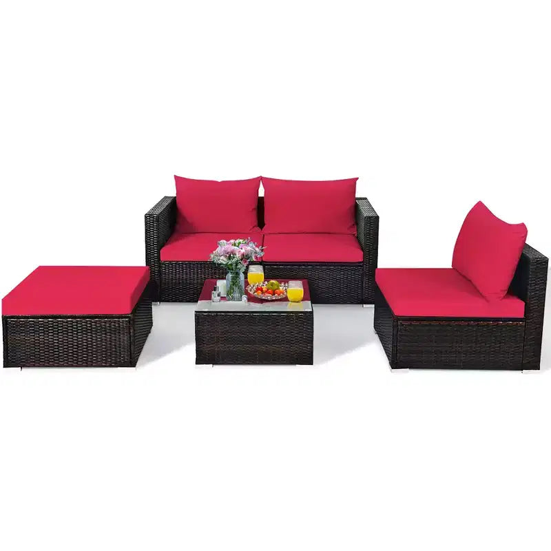 Ensemble de 5 meubles de patio en rotin, canapé sectionnel de conversation avec table basse rouge/bleu marine