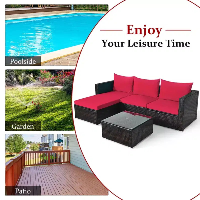 Ensemble de 5 meubles de patio en rotin, canapé sectionnel de conversation avec table basse rouge/bleu marine