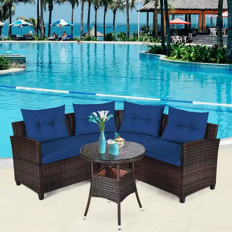 Costway Ensemble de Meubles de Jardin 4 pièces en Rotin Canapé Table Coussins Turquoise\Noir\Bleu marine\Rouge