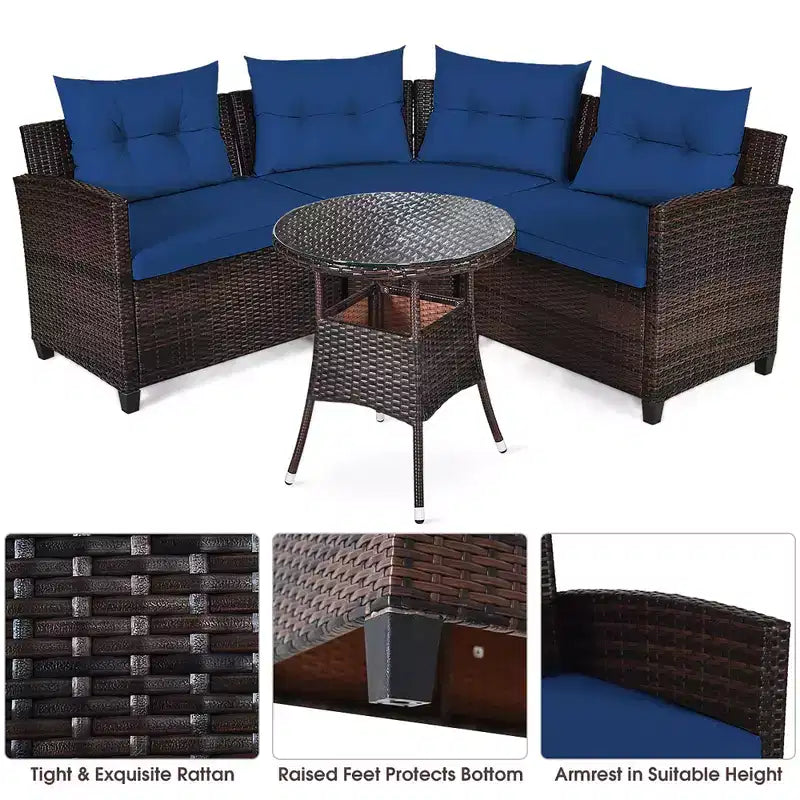 Costway Ensemble de Meubles de Jardin 4 pièces en Rotin Canapé Table Coussins Turquoise\Noir\Bleu marine\Rouge