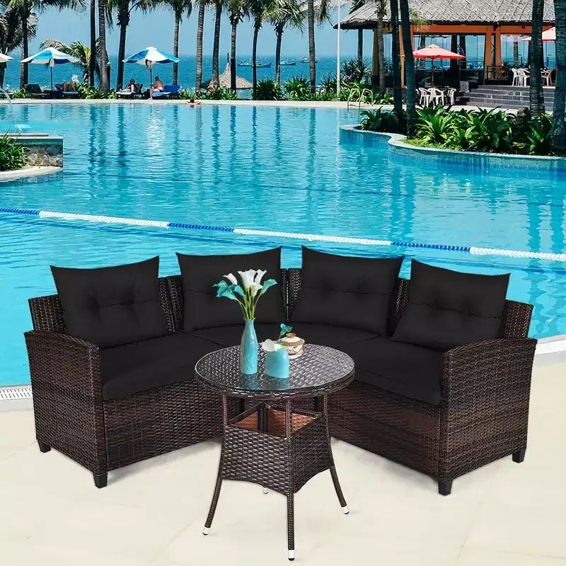 Costway Ensemble de Meubles de Jardin 4 pièces en Rotin Canapé Table Coussins Turquoise\Noir\Bleu marine\Rouge