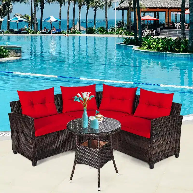 Costway Ensemble de Meubles de Jardin 4 pièces en Rotin Canapé Table Coussins Turquoise\Noir\Bleu marine\Rouge