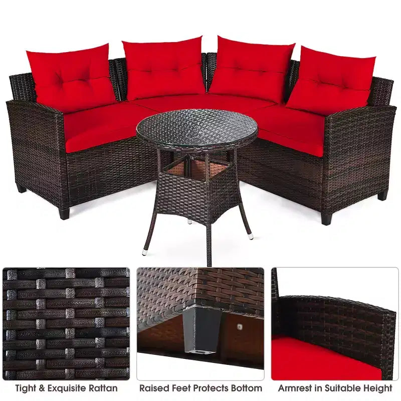 Costway Ensemble de Meubles de Jardin 4 pièces en Rotin Canapé Table Coussins Turquoise\Noir\Bleu marine\Rouge