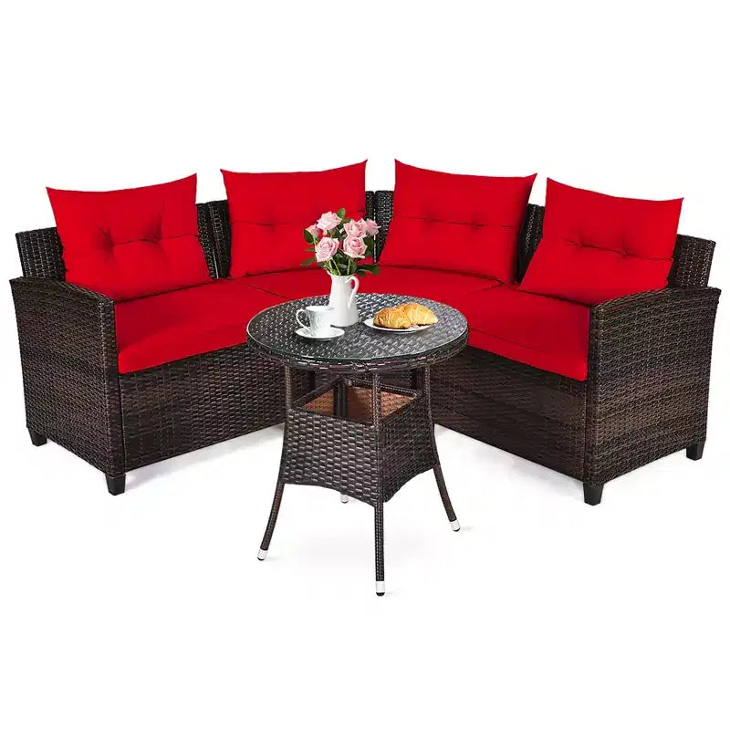 Costway Ensemble de Meubles de Jardin 4 pièces en Rotin Canapé Table Coussins Turquoise\Noir\Bleu marine\Rouge