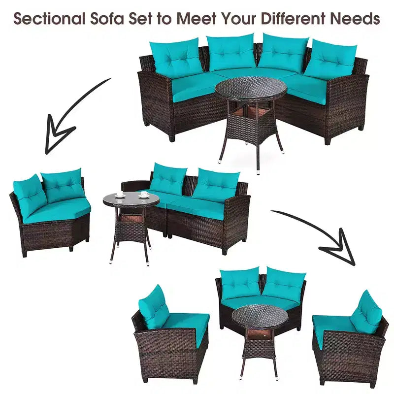 Costway Ensemble de Meubles de Jardin 4 pièces en Rotin Canapé Table Coussins Turquoise\Noir\Bleu marine\Rouge