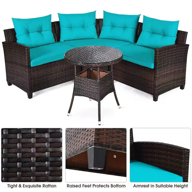 Costway Ensemble de Meubles de Jardin 4 pièces en Rotin Canapé Table Coussins Turquoise\Noir\Bleu marine\Rouge