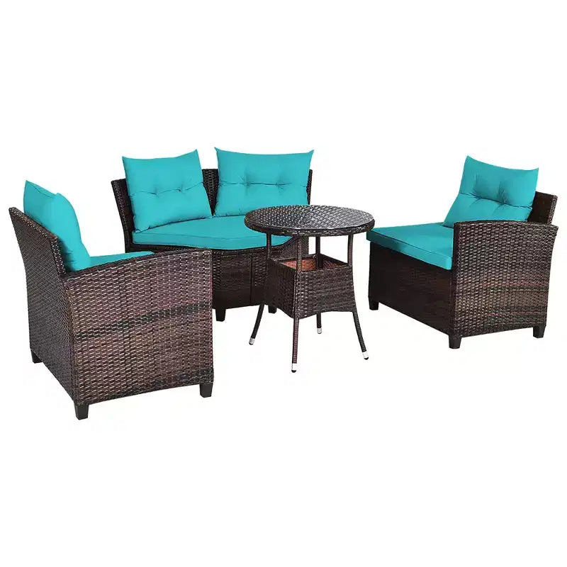 Costway Ensemble de Meubles de Jardin 4 pièces en Rotin Canapé Table Coussins Turquoise\Noir\Bleu marine\Rouge