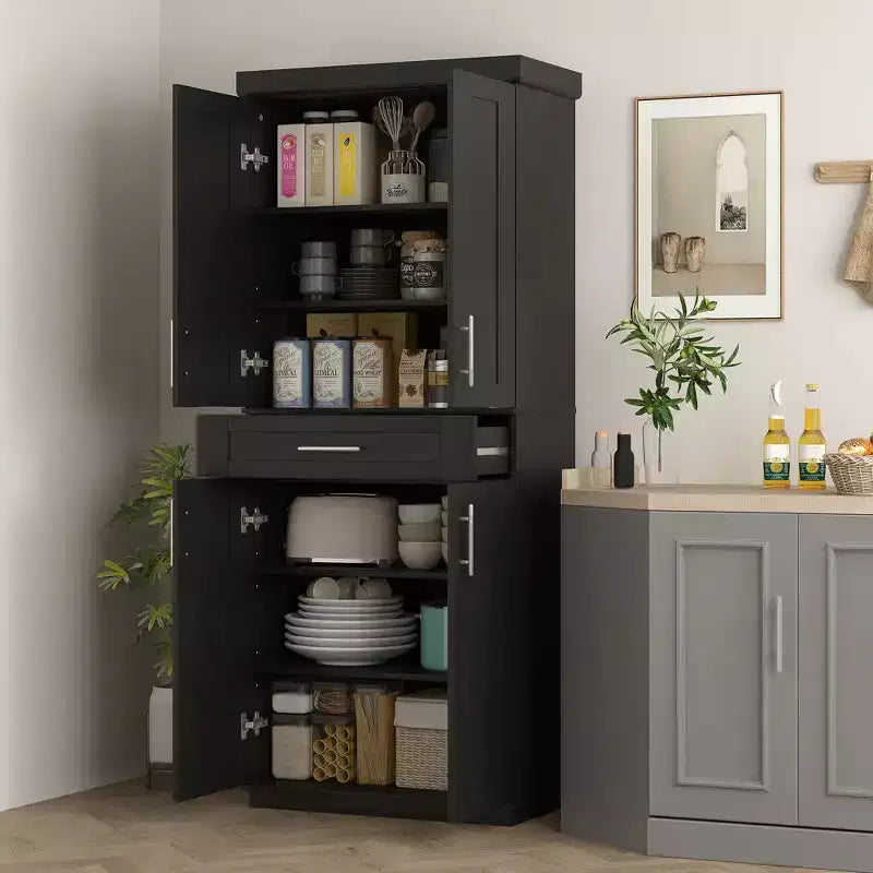 Tall Kitchen Pantry Freestanding Cabinet Cupboard with Doors and Drawer, Adjustable Shelving