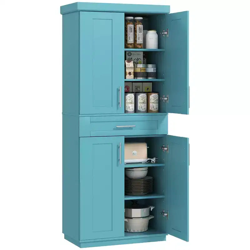 Tall Kitchen Pantry Freestanding Cabinet Cupboard with Doors and Drawer, Adjustable Shelving