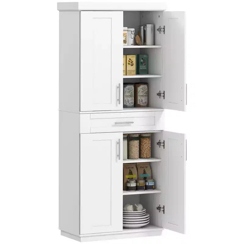 Tall Kitchen Pantry Freestanding Cabinet Cupboard with Doors and Drawer, Adjustable Shelving